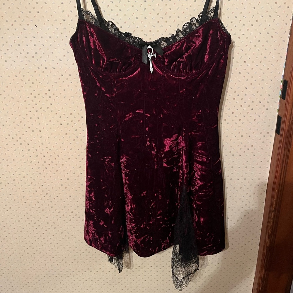 Dolls Kill Widow Velvet Burgundy Dress with Lace Trim Large